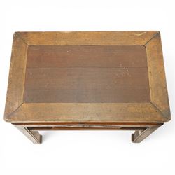 Near pair of 19th century Chinese lacquered elm occasional tables, rectangular top over a bat-motif carved frieze, shaped stretcher rail over tapering supports