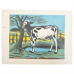 Frederick George Austin (British 1902-1990): A Suffolk Calf, colour linocut signed and indistinctly dated in pencil 28cm x 35cm (unframed)
Provenance: direct from the granddaughter of the artist