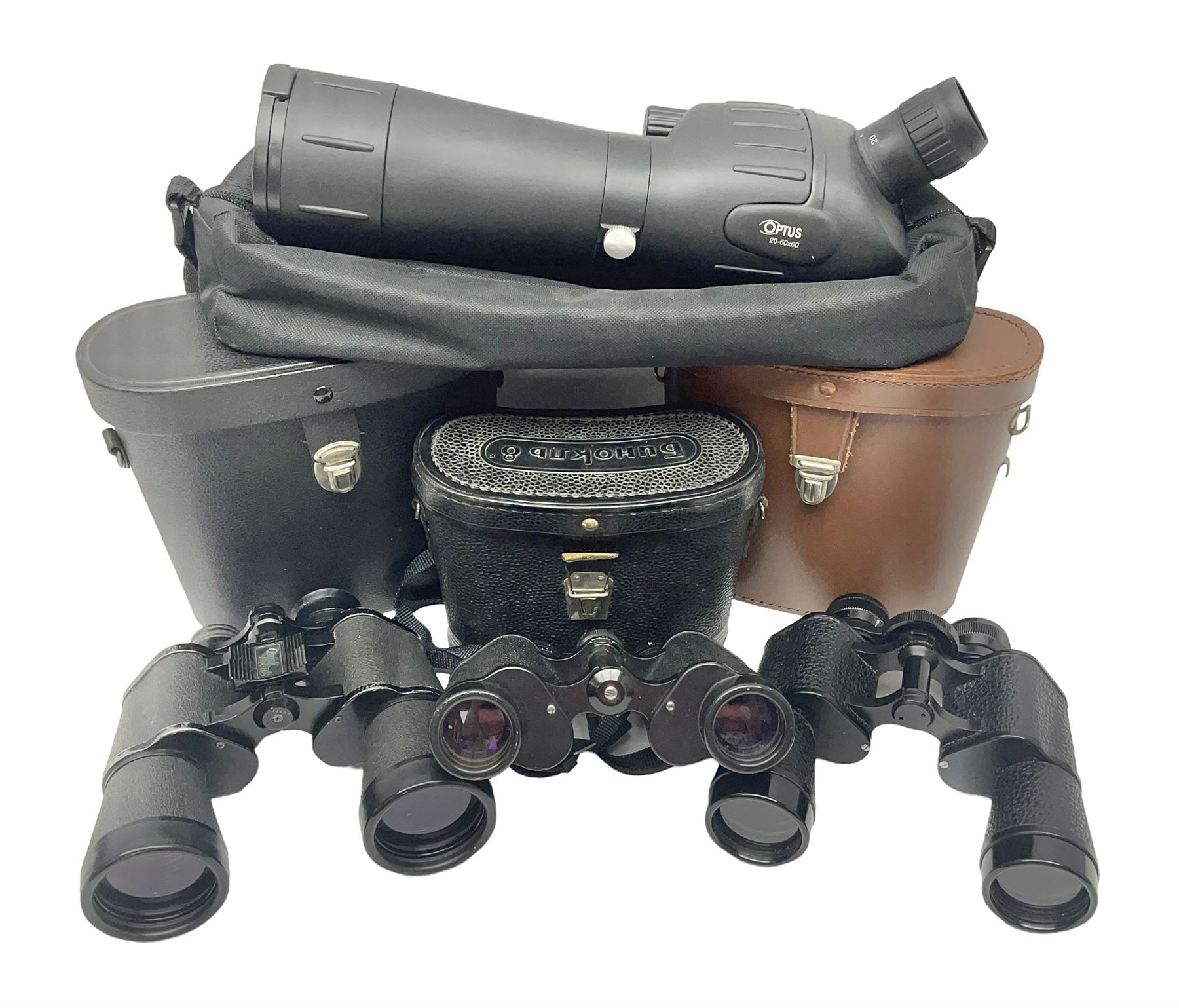 Optus Spotting scope 20-60x60, together with Wray London Wrayvu binoculars, Greenkat 10x50 binoculars and one other pair 