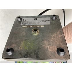 Tiffany Pond Lily style table lamp and shade with leaded panels of green, pink and rippled blue water effect ground, raised upon brushed metal base, H50cm