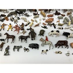 Quantity of playworn lead and plastic figures by Britains, Deetail etc, predominantly farm related but some zoo animals and other figures; together with trees, fences, buildings etc; all unboxed