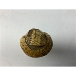 19th century carved ivory walking cane handle, modelled as the head of a greyhound with inset glass eyes, together with a further 19th century ivory example, modelled as a caricature of a gentleman's head, (2)