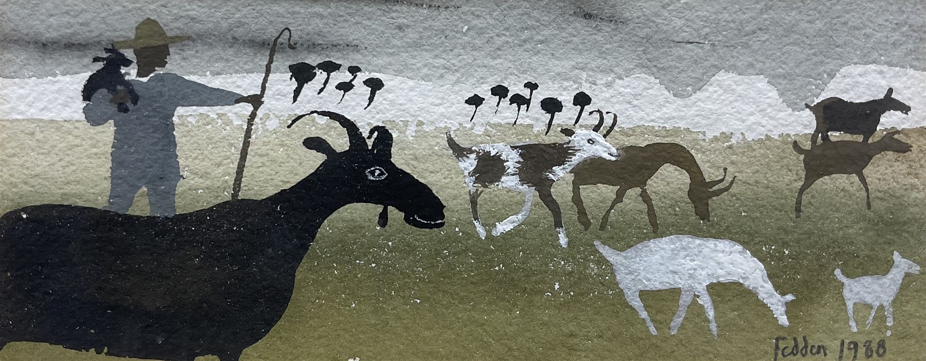 Mary Fedden OBE RA RWA (British 1915-2012): The Goat Herder, watercolour and ink signed and dated 1988, 7.5cm x 19cm