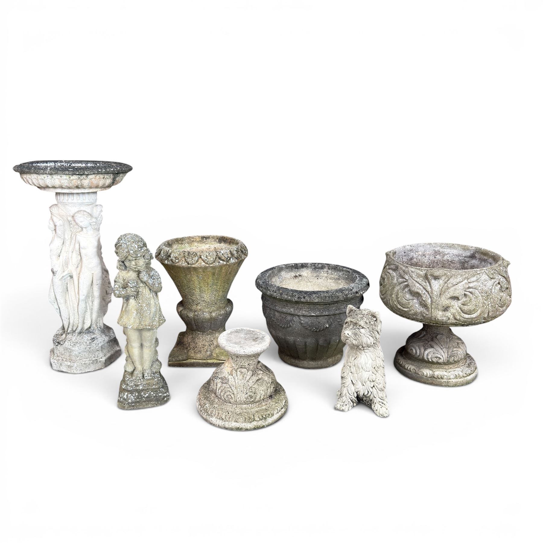 Collection of decorative cast stone garden pieces, comprising three graces bird bath, three urn planters, urn base, figure of girl and a Scottie dog (7)