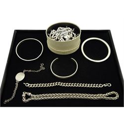 Two silver bangles by Charles Horner Ltd, Chester 1921/3, Links of London necklace converted into bracelet and shorter necklace, bracelets and necklace, all hallmarked or stamped