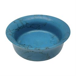 Carved single piece turquoise bowl with fluted rim, upon a raised footed base, D10cm, H5cm