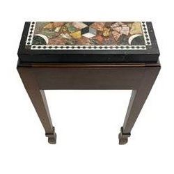 19th century marble specimen table, central rectangular plaque in black and white chequered lozenge, surrounded by fragments and cube motifs, housed within a mahogany stand with moulded top edge, square tapering supports with peg spade feet