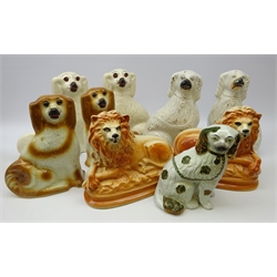  Pair Staffordshire Lions, three pairs of Staffordshire Spaniels and one other, H30cm max (9)  