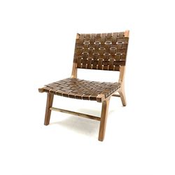 Teak lattice leather chair, shaped supports joined by stretcher 