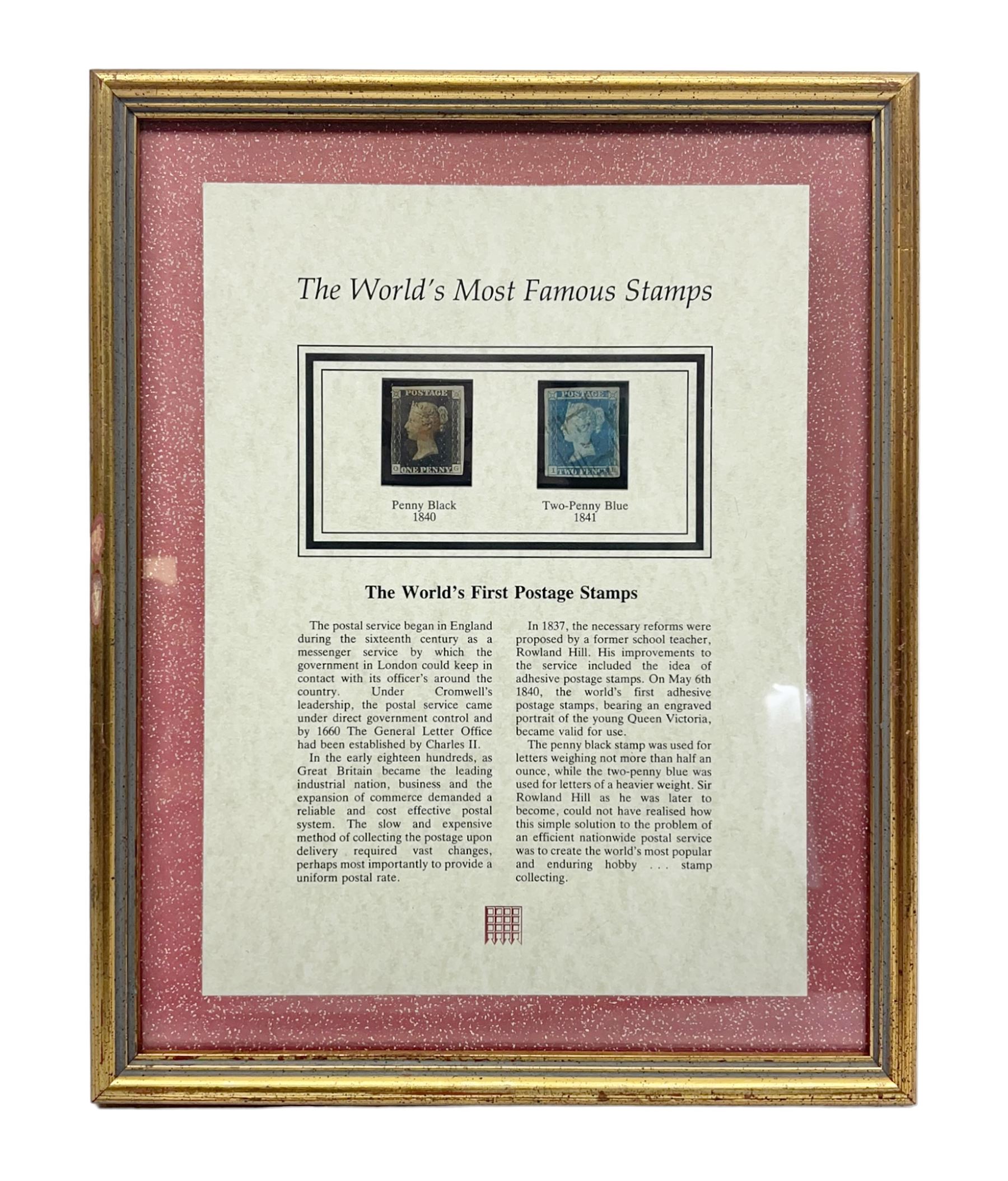 Great Britain Queen Victoria penny black stamp with red MX cancel and 1841 two pence blue stamp, white lines added, with black cancel, housed in a framed display