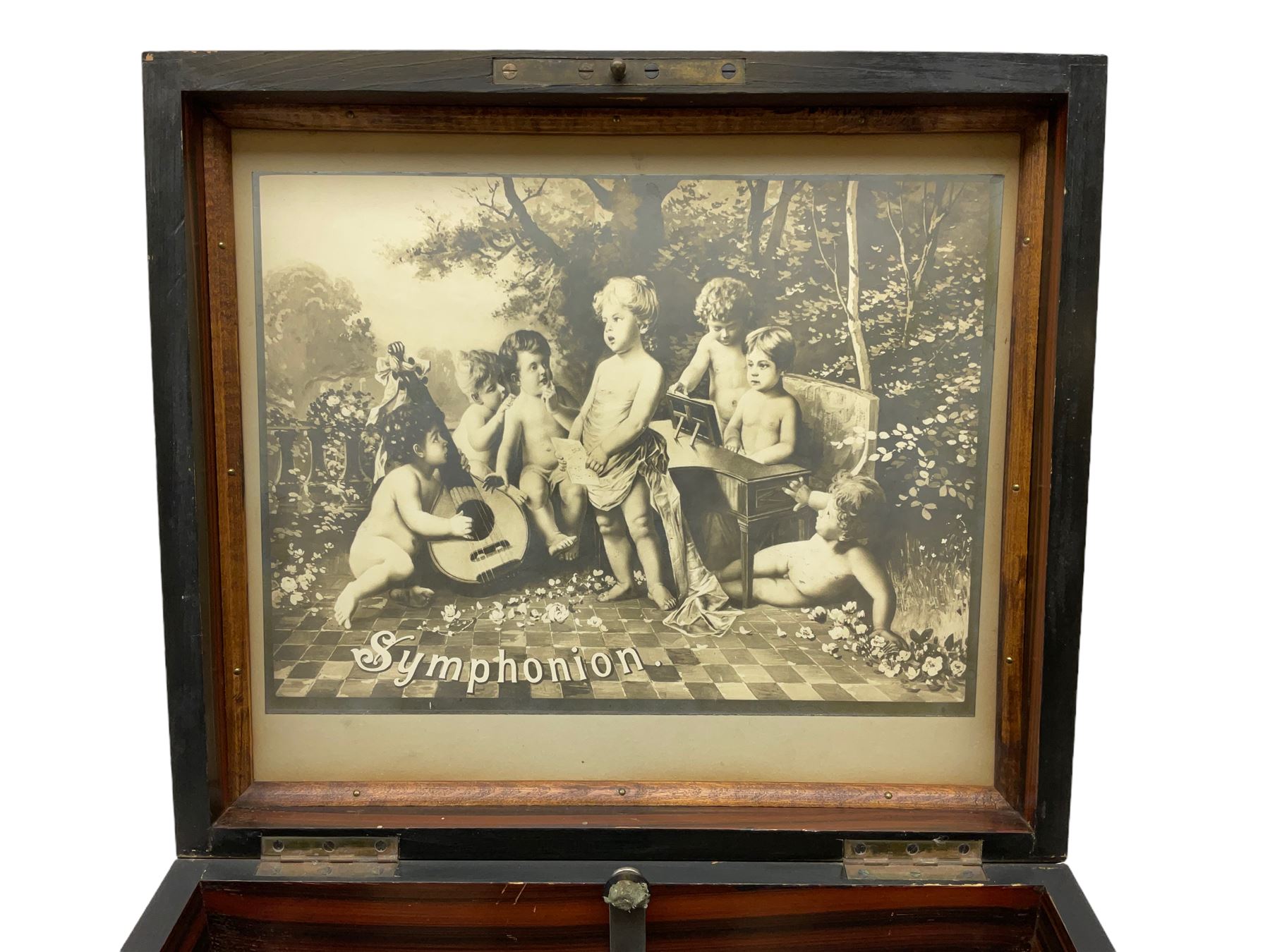 Late 19th century Symphonion disc musical box in inlaid walnut case with front lever action playing 25.5cm discs on a 10.5cm steel comb with forty-nine teeth, musical scene of cherubs under the lid, L33cm; together with five 25.5cm discs, fifteen 20.5cm discs and eleven 19cm discs