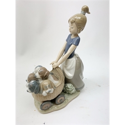 A Lladro figurine, 'Barrow of Fun' Model 5460, H20.5cm, together two further Lladro figurines, 'Litter of Fun' Model 5364, and 'It wasn't me' Model 7672. 