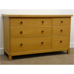  Light oak finish side board, three short three long drawers (W122cm, H76cm, D45cm) and a matching two drawer bedside chest (W47cm, H60cm, D45cm)  