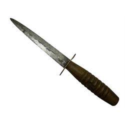 Commando knife featuring turned wooden handle with brass cross guard and leather  scabbard L31cm overall