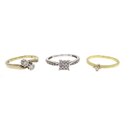  18ct gold single stone diamond ring, 9ct gold two stone diamond cross over ring and 9ct white gold diamond cluster ring, square setting with diamond set shoulders, all hallmarked   