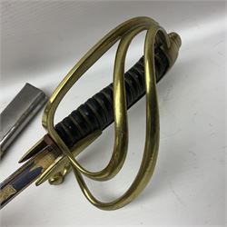 Early 19th century French Lancers officer's sword c1810, the 84cm curving fullered blade retaining most of its bluing, gilding and engraved decoration, inscribed I.S.& C. to ricasso (for Schimelbusch), brass three-bar hilt with elongated elliptical langets and wire-bound leather grip; in polished steel scabbard with two brass suspension rings L100cm overall