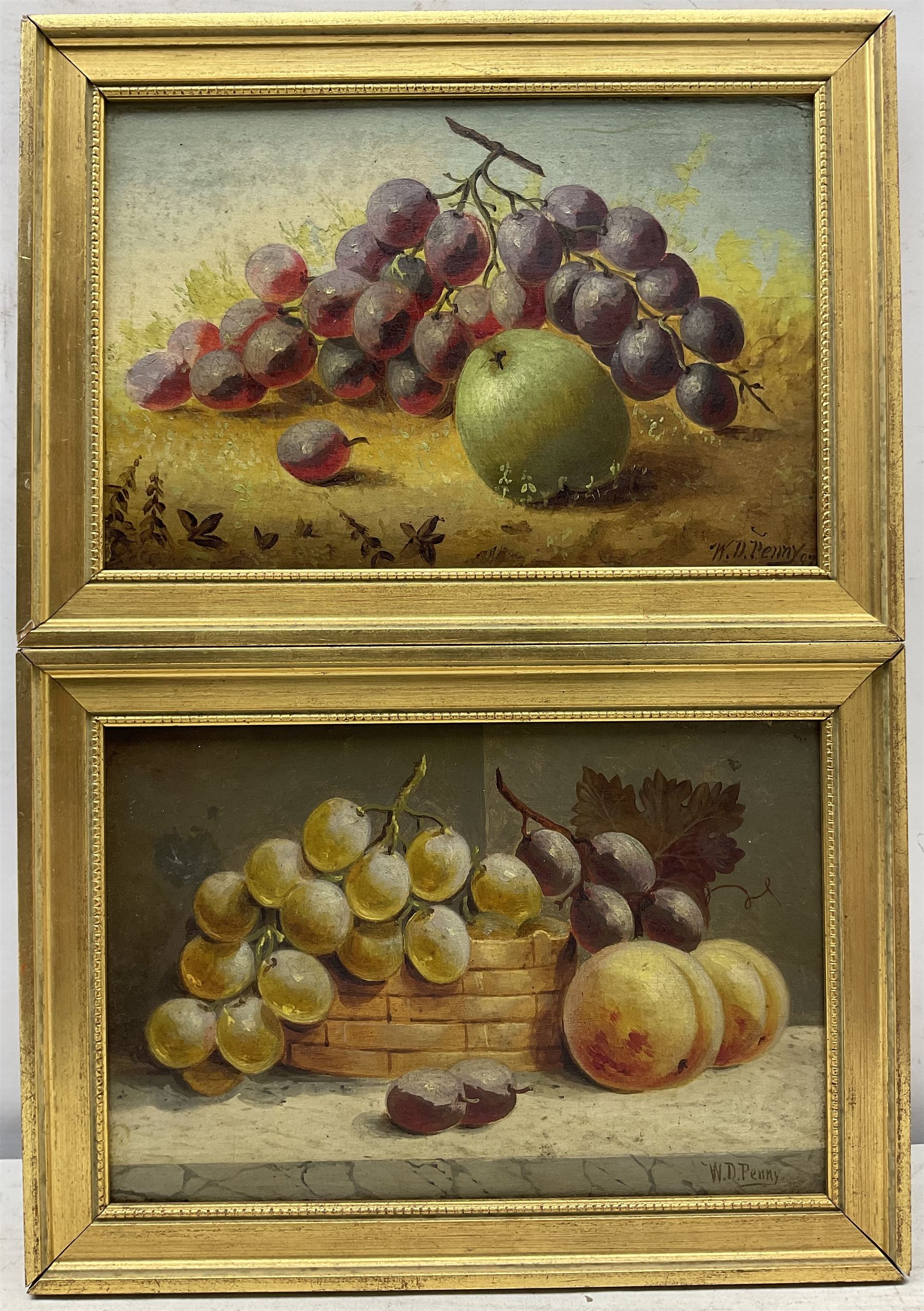 William Daniel Penny (British 1834-1924): Still Life of Grapes, pair oils on panel signed, one dated ‘97, 16cm x 24cm (2) 
Notes: Penny was born in Caistor Lincolnshire but was listed in the Hull directories from 1869 as a Marine artist living in the City until the turn of the century, when he became publican of the 'Artist's Rest' in Cross St., Aldborough, East Yorkshire.