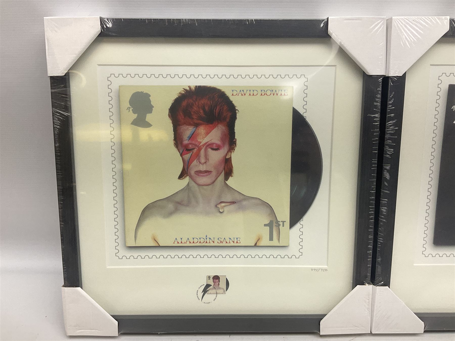 Set of three Royal Mail David Bowie limited edition album stamp prints, comprising Aladdin Sane, Blackstar and Earthling, all framed and in original packaging, H43cm W43cm