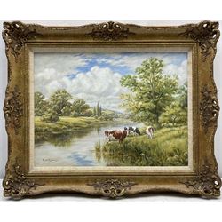 Glynn Williams (British 1955-): 'Cows Grazing by the River', oil on board signed, dated '98 on original receipt 29cm x 39cm
Provenance: with Hibbert Bros., Sheffield, label and receipt verso