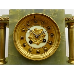  20th century green onyx mantel clock, temple shaped case with brass columns, gilt Roman dial inscribed Reid & Sons Paris, twin train movement striking the half hours on a bell, H33cm  