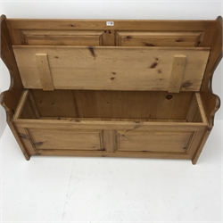  Solid pine settle bench with hinged seat, W120cm, H90cm, D38cm  