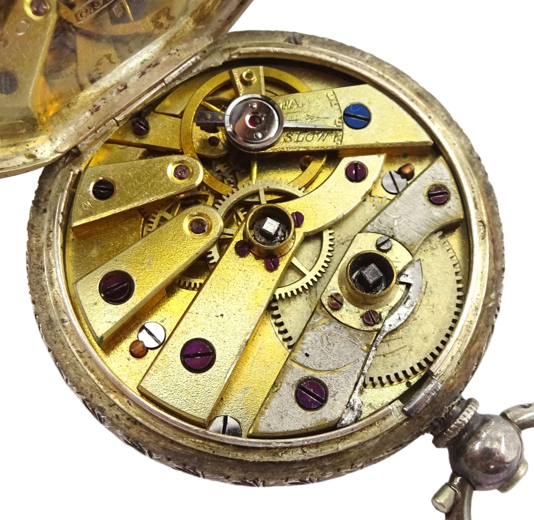 Victorian silver Albert watch chain by Henry Allday & Son, Birmingham 1899, with silver football fob medallion and a silver ladies key wound cylinder pocket watch, Swiss hallmark