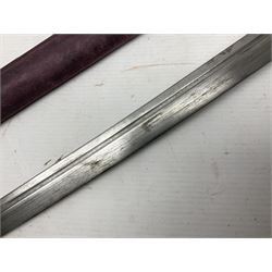 Copy of a WWII Japanese NCO sword, the 65cm slightly curving blade stamped with pseudo Japanese characters and cast brass simulated cord bound grip; in officer's leather bound field scabbard L97cm overall