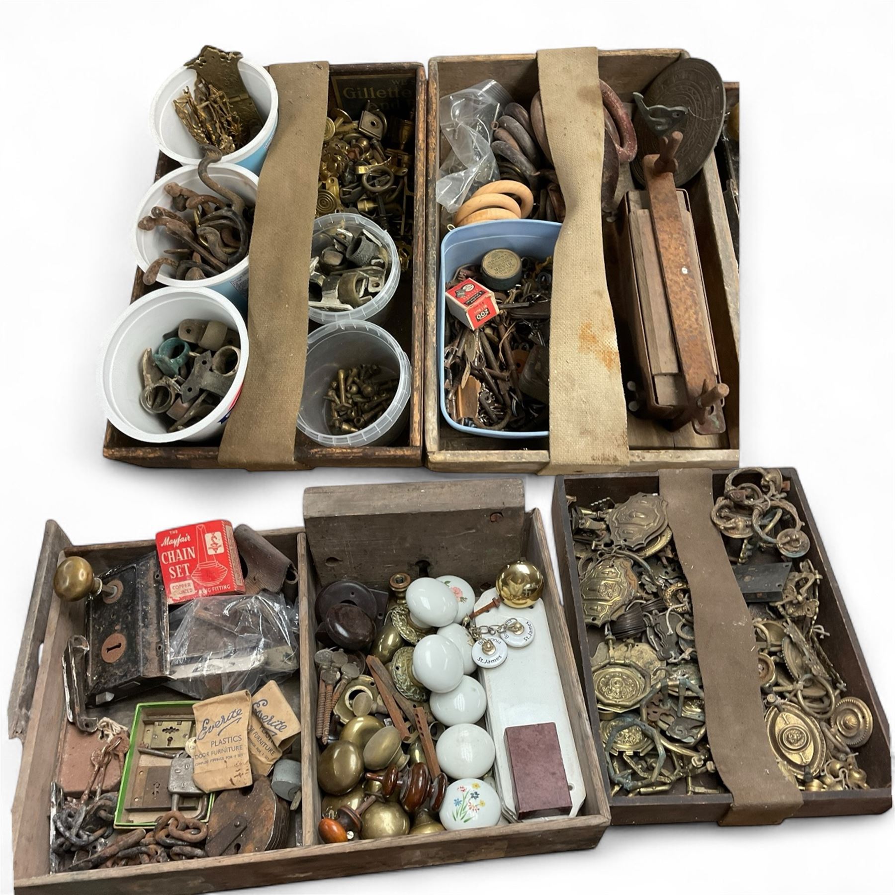 Collection of antique hard ware including brass door knobs, furniture plates and ring pulls, sash window pullies and other items 