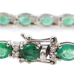 18ct white gold oval emerald and round brilliant cut diamond bracelet, stamped