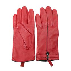 Harrods, Jaeger and others - five pairs of ladies’ leather gloves, comprising red Harrods studded gloves, brown Jaeger buttoned gloves and three further Italian pairs