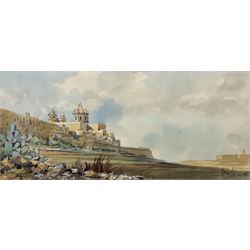 Joseph Galea (Maltese 1904-1985) 'Mdina- the Old City', watercolour signed and dated 1965, 20cm x 45cm