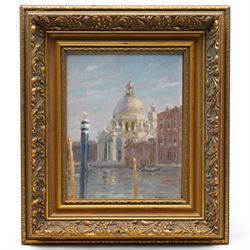 Anthony J Rickards (British 1919-1993): 'Basilica Santa Maria della Salute - Venice', oil on board signed, titled on artist's address label verso 24cm x 19cm