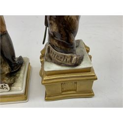 Group of seven Capodimonte figures of soldiers, to include four Bruno-Merli examples including Officer of the 12th Lancers 1820 and Captain of the 18th Hussars 1815, both raised upon ornate gilt plinths bearing British monarch motto in Latin 'Dieu et mon droit', and three further similar, all with crowned N mark beneath, tallest H32cm