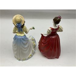 Five Royal Doulton figures, comprising Flower of Love HN3970, Emily HN3688, Southern Belle HN2229, Helen HN3886 and My Love HN2339, all with printed mark beneath, some with boxes, together with a Royal Doulton Figures reference book by D Eyles and R Dennis