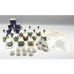 Set of twelve Danbury Mint Bells, together with place card holders and six Wedgwood napkin rings hathaway rose pattern
