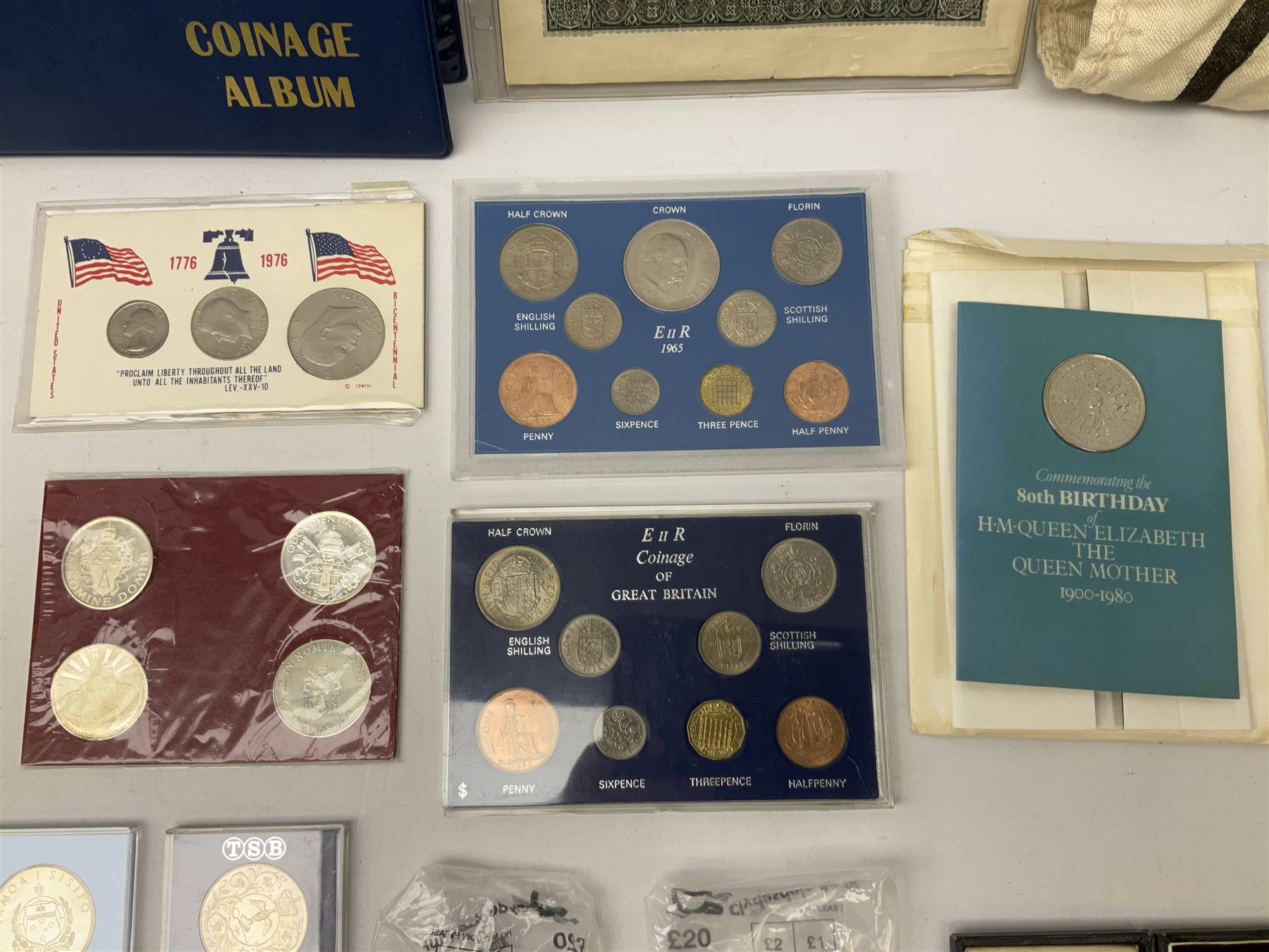 Great British and World coins, including Canadian 1975 dollar, United States of America 1975 proof set and bicentennial silver uncirculated set 1776-1976, Queen Elizabeth II Gibraltar 1977 sterling silver proof twenty-five pence, cased with certificate, New Zealand 1979seven coin set in blue wallet,  GB pre-decimal coins etc