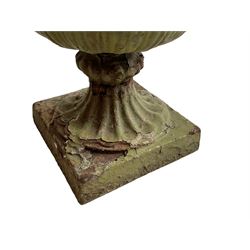 Pair of Victorian cast iron lotus garden urns, the shaped rim over lappet cast underbelly, on moulded footed base