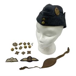 WW2 RAF sidecap dated 1942 with badge and buttons; quantity of RAF metal and cloth badges, pips and buttons; and paratrooper's helmet chin strap