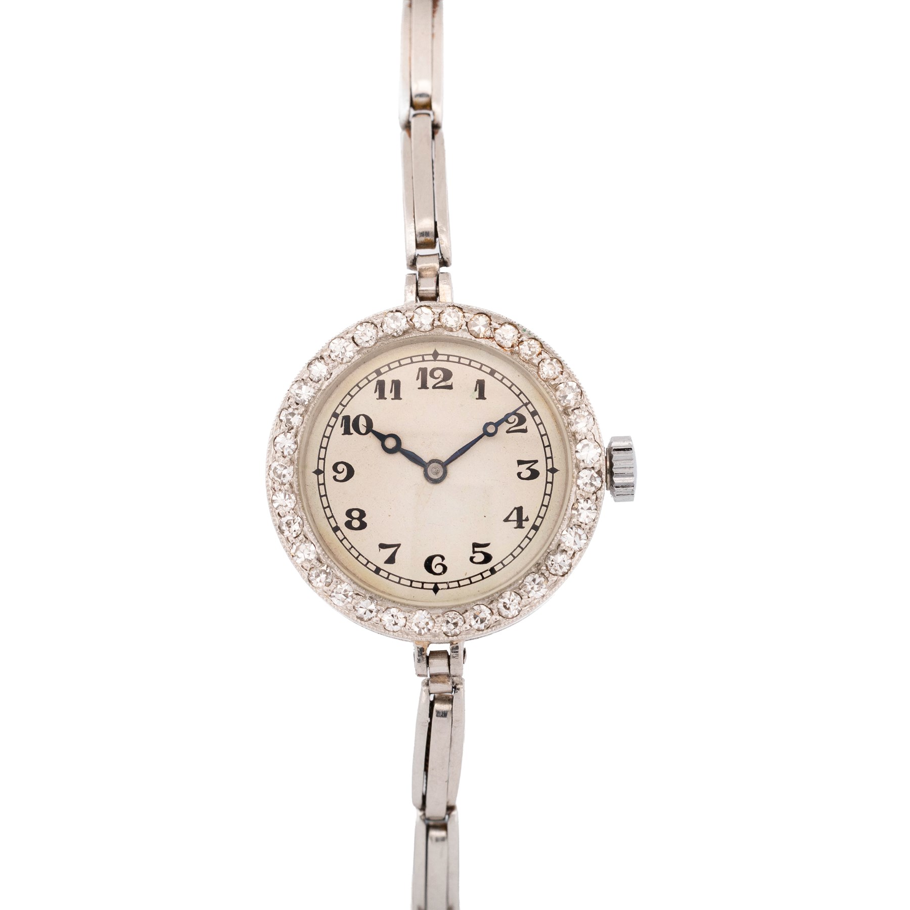 Audemars Piguet & Co Art Deco ladies platinum, diamond set manual wind wristwatch, movement No. 19931, cream / silvered dial with Arabic hour markers, the bezel milgrain set with round cut diamonds, to a platinum expanding bracelet