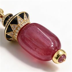 18ct gold ruby diamond and black enamel pedant, set with a single cabochon cut ruby, suspending from a diamond and enamel pendant and a diamond set bail