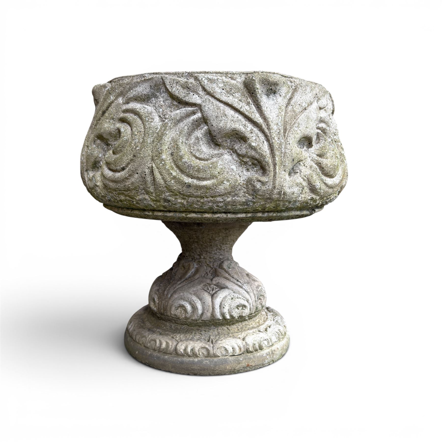 Collection of decorative cast stone garden pieces, comprising three graces bird bath, three urn planters, urn base, figure of girl and a Scottie dog (7)
