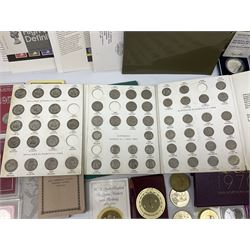 Mostly Great British coins including Queen Victoria 1887 halfcrown, small number of pre 1947 silver coins, Queen Elizabeth II 1977 silver proof crown, cased without certificate, two 1981 silver proof crowns, both cased one with certificate, various proof coin sets etc and various stamps including first day covers, small number of Queen Elizabeth II mint decimal stamps etc