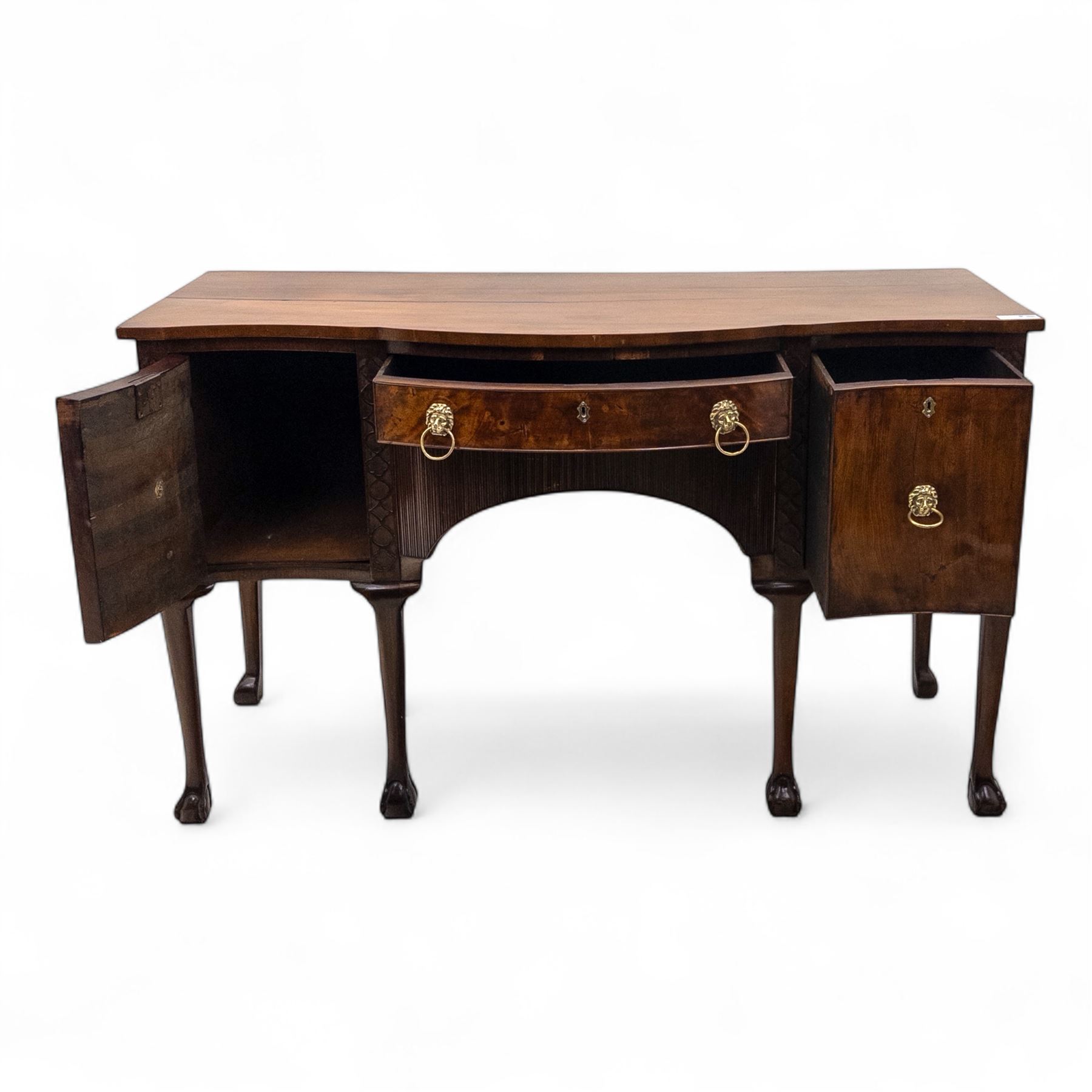 Late 19th-century mahogany bowfront sideboard, fitted with a central frieze drawer above a reeded apron drawer flanked by two deep cupboards, raised on cabriole legs with ball and claw feet