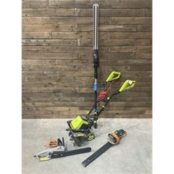 GardenGear electric tiller, MacAllister hedge trimmer, Titan electric chainsaw, and a hedge trimmer