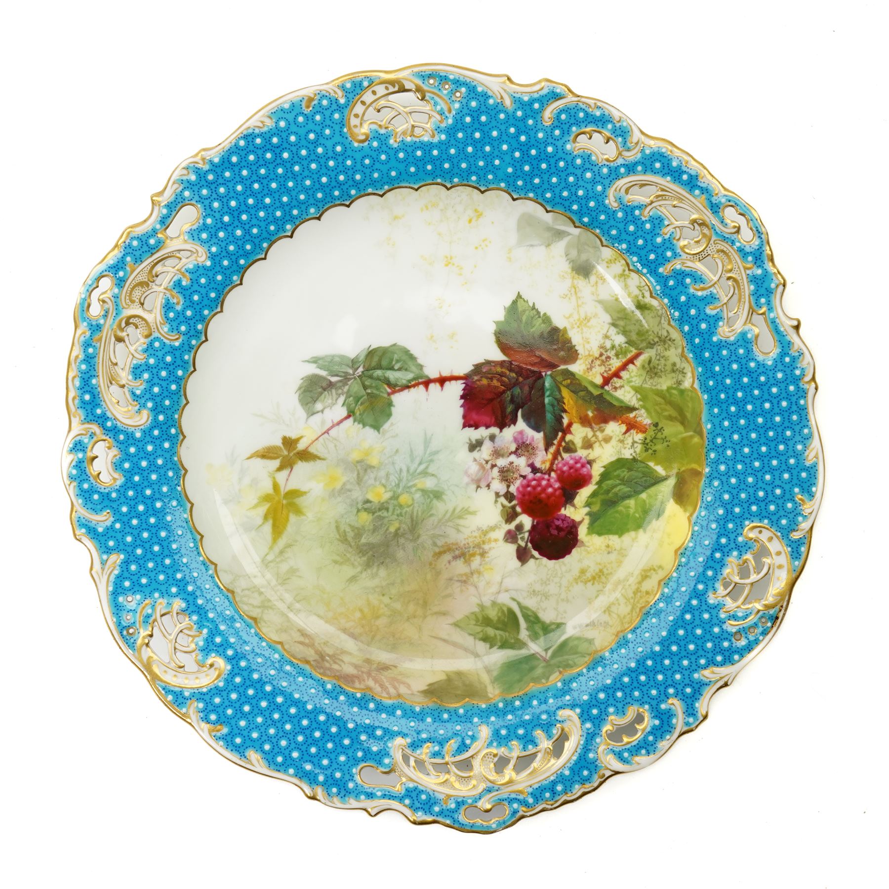 Royal Worcester Elizabeth Vase, H21cm; together with a Royal Crown Derby rectangular serving dish, painted with a shipping scene by WEJ Dean, W28cm, a Davenport plate painted with St Michaels Mount, D24cm, and a Minton plate painted with fruit by F Walklett, D23cm (4)