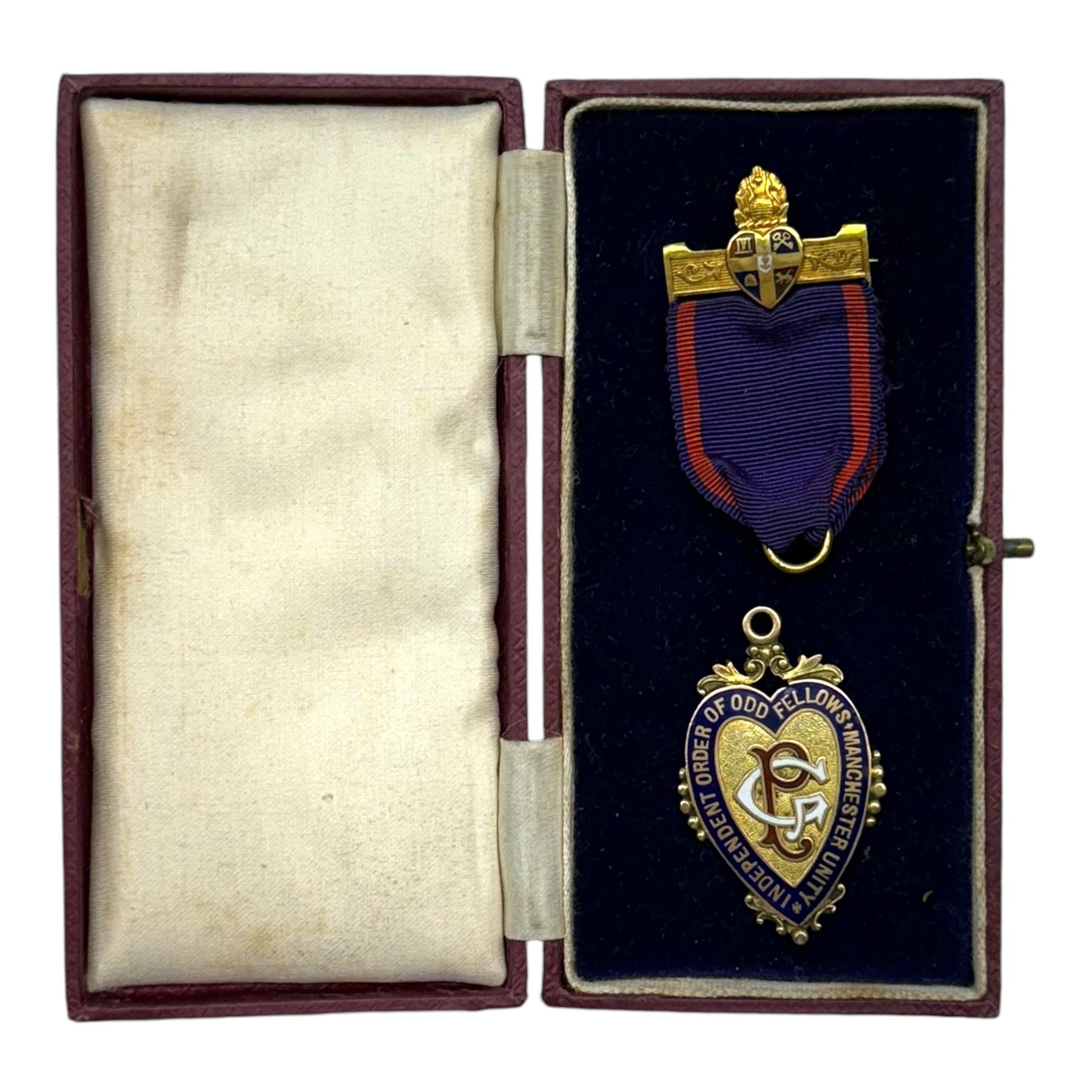 1930s 9ct gold enamelled Independent Order of Oddfellows Manchester Unity medal, with presentation engraving verso, hallmarked Stephen James Stanfield, London 1930, with purple and red ribbon suspending from 9ct gold bar, stamped 9ct, cased