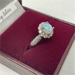 Silver opal and cubic zirconia cluster ring, stamped 925, boxed