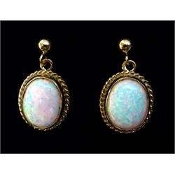 Pair of 9ct gold opal pendant ear-rings stamped 375  