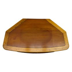 Contemporary cherry wood corner TV unit, canted top over central glazed double doors opening to shelves for media storage, flanked by side storage compartments, on a plinth base