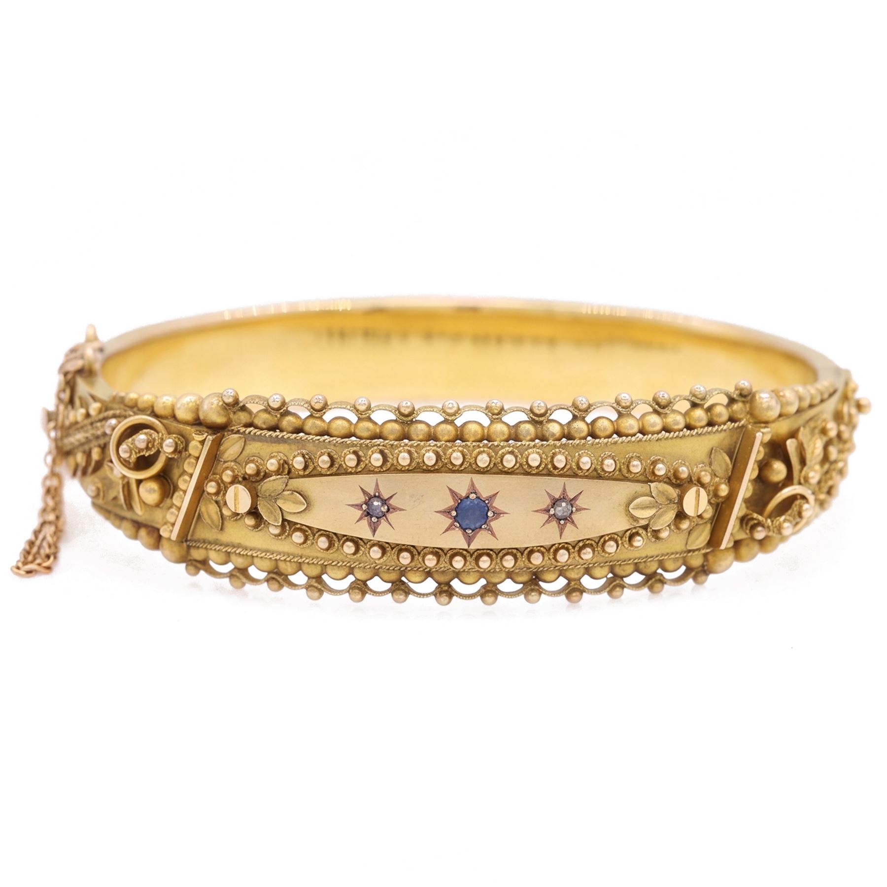 Early 20th century 9ct gold sapphire and diamond three stone hinged bangle, with fancy wirework and bead decoration, Birmingham 1919